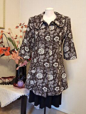 Elegant Floral Pea Coat Lined 100% Cotton Trench Coat Warm Peacoat Outerwear L